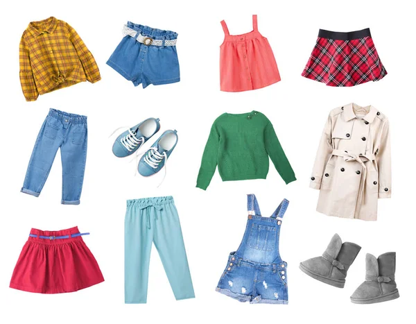 Barnets Färgglada Kläder Som Isolerad Vit Grabbens Mode Kläder Samling — Stockfoto