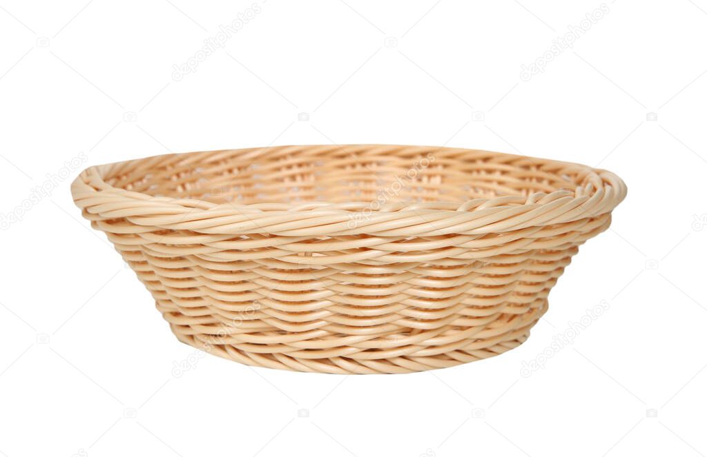 Straw basket isolated on white.Food empty container.