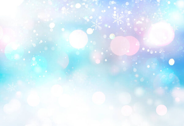 Blue and white glowing lights blurred bokeh,winter defocused illustration.Christmas holiday texture empty copy space.Fairy holiday wallpaper.