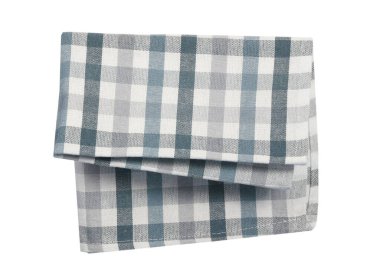 Damalı mutfak havlusu beyaza izole edildi. Gri mavi beyaz peçete kontrol edildi. Gingham bezi..