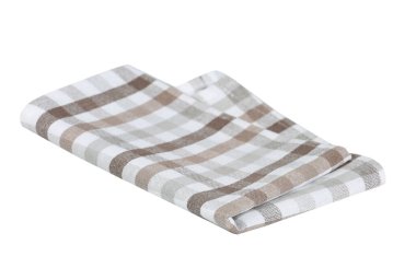 Kareli bulaşık bezi izole edildi. Mutfak havlusu kahverengi. Bulaşık bezi nesnesi. Masa örtüsü katlandı..