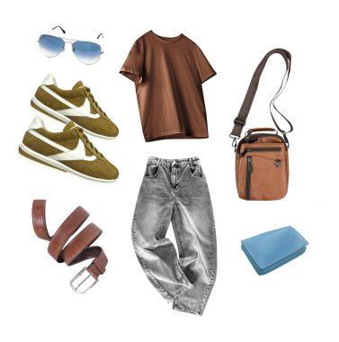 Erkek kıyafetleri, beyaz, modaya uygun görünümlerde izole edilmiş. Erkek giyim koleksiyonu, moda kıyafeti. Kimse yok..