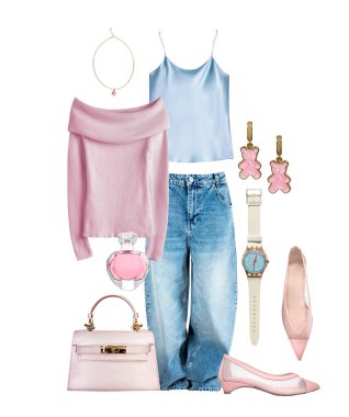 Moda kadın kıyafetleri izole edilmiş. Kadın modası kıyafetleri. Güzel giysiler, giysiler. Modern görünüş. Pembe süveter ve aksesuarlı kot pantolon..