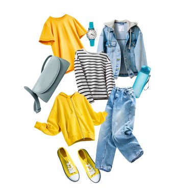 Denim spor günlük kıyafet kolajı, moda kıyafet. Genç tarz kadın görünüşü. Kadın kıyafetleri. Kızın mavi sarı giysi koleksiyonu. İtiraz ediyorum..