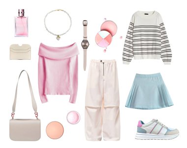 Kadın kıyafetleri izole, yumuşak renkler kolaj, kadın kıyafetleri, bak. Kız giysisi koleksiyonu. Hiç kimse..