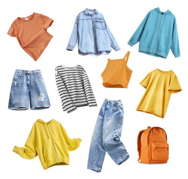 Beyaz üzerine izole edilmiş, parlak, günlük kadın kıyafetleri. Kadın kıyafetleri kolajı. Genç kız kıyafetleri koleksiyonu. Hiç kimse, itiraz etmiyor..