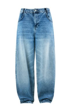 Poşetli geniş bacaklı kadın pantolonu beyaz, nesne kesiği. Moda giysiler. Moda kot pantolonlar..