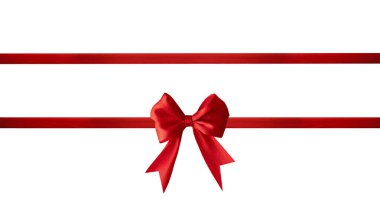 Kırmızı Noel yayı ve kurdele şeridi beyazda izole edildi. Noel bayramı hediye paketi dekoru. Nesne.