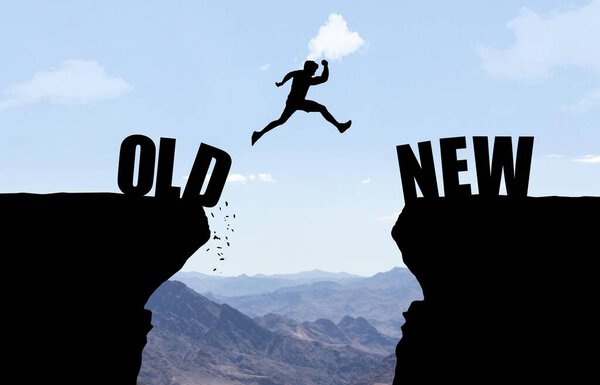 Man jumping over abyss with text OLD/NEW in front of mountain background.