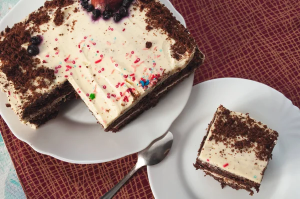 Bir parça çikolatalı pasta ve kırmızı bir masa örtüsü üzerinde beyaz bir tabak üzerindeki çikolatalı sünger keki. Cilalı, böğürtlenli ve üzerinde kırıntılar olan çok renkli bir tabakla süslenmiş. Üst görünüm