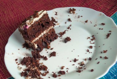 Beyaz bir tabakta kremalı son parça çikolatalı kek, masa örtüsünde kırıntılar olan çok renkli süslemelerle süslenir.