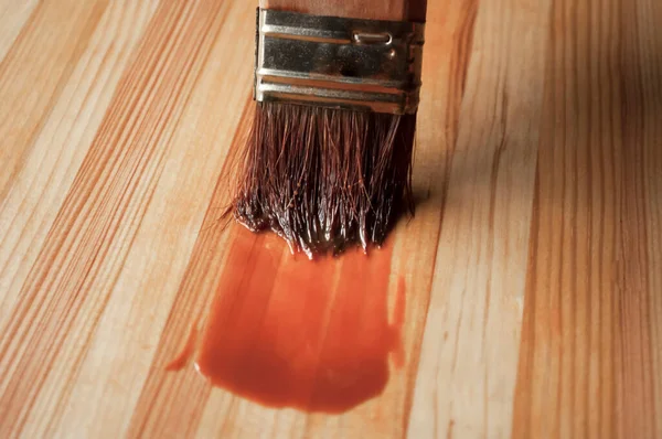 Part Brush Paint Pine Glued Surface Painting Brush Wooden Table — Stock Photo, Image