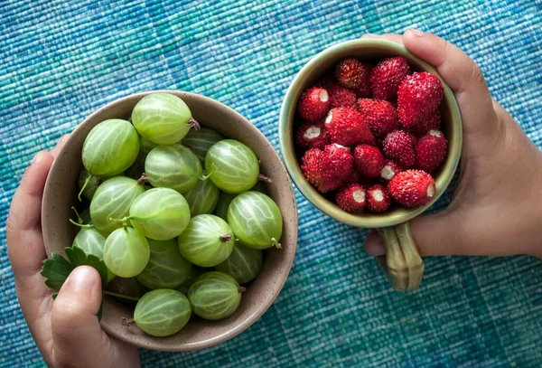 5 yaşındaki bir kız iki saplı seramik kaplarda olgun bektaşi üzümleri ve olgun çilekler tutuyor.