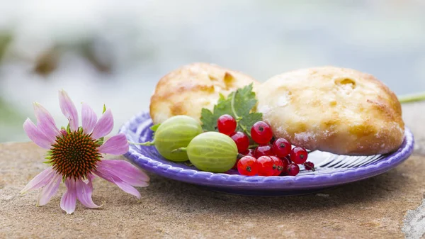 Délicieuses Tartes Fraîches Sucrées Gâteaux Fromage Sur Une Assiette Bleue — Photo