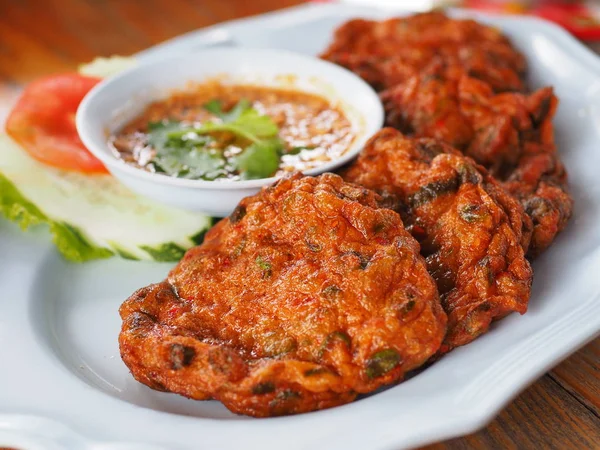 Thai Pikanter Fischkuchen Auf Teller Vorspeise Restaurant — Stockfoto