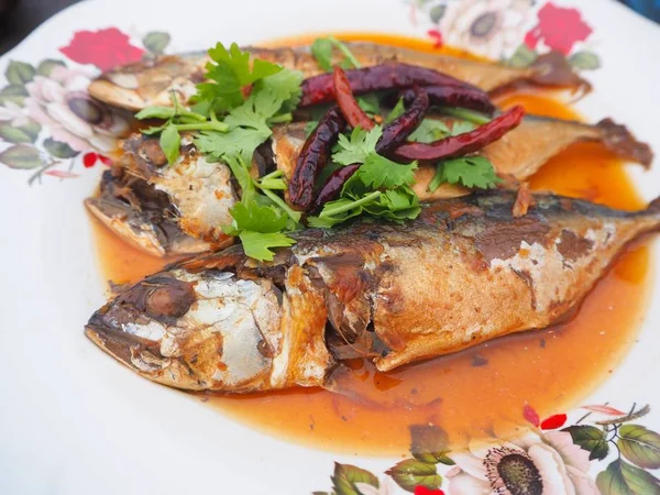 Pescado Caballa Hervido Salsa Dulce Cocina Tailandesa Restaurante — Foto de Stock