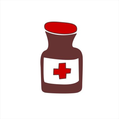 Vektör tıbbi kırmızı ikon. Sağlık sigortası tasarımı. El çizimi hap şişesi illüstrasyonu. Doodle ilk yardım..