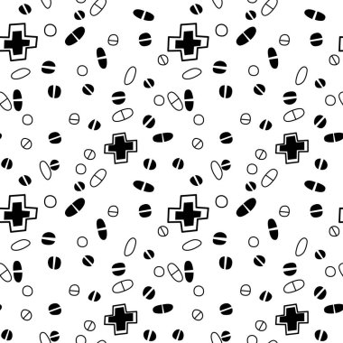 İlaçlar, kapsüller, ilaçlar, ilaçlar, haplar ve haplarla kusursuz bir düzen. Tıbbi eczane geçmişi ve dokuları. Karalama biçiminde Vektör EPS10 illüstrasyonu.