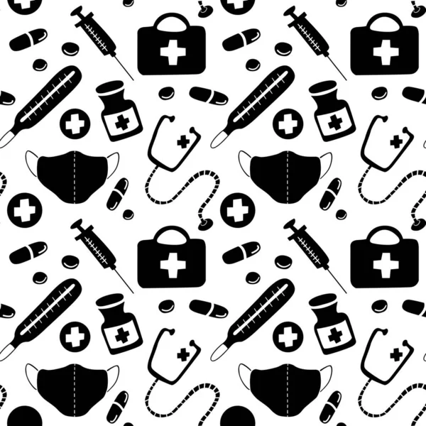 Бесшовный Рисунок Иконами Медицинских Инструментов Лекарств Аптечка Шприц Стетоскоп Термометр — стоковый вектор
