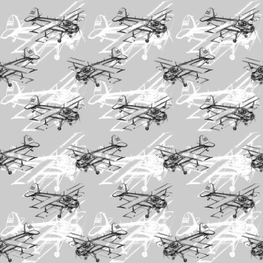 Kurşun kalemle çizilmiş uçaklarla kusursuz desen. Erkekler için geçmiş ve dokular, seyahat, iş tasarımı, ambalaj, kumaş, tekstil, baskılar.