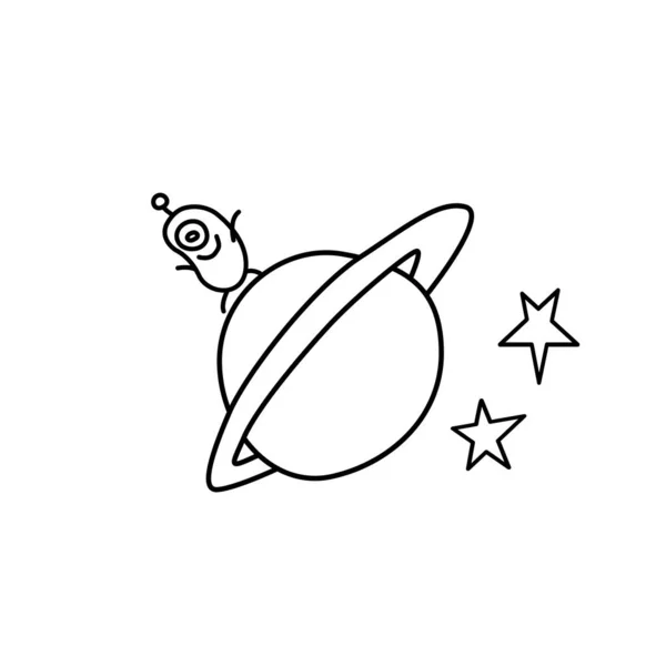 かわいい面白いエイリアンは丸い月 惑星に立っている 世界を乗っ取る 感情だ デザイン要素 Ufo スペースのテーマにアイコン 落書きベクトルアウトライン図 — ストックベクタ
