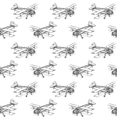 Kurşun kalemle çizilmiş uçaklarla kusursuz desen. Erkekler için geçmiş ve dokular, seyahat, iş tasarımı, ambalaj, kumaş, tekstil, baskılar.