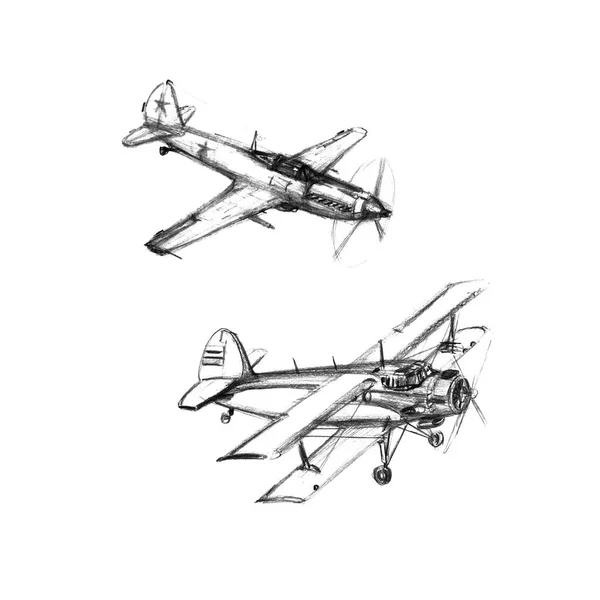 Set Von Flugzeugen Auf Weißem Hintergrund Handgezeichnete Bleistift Illustrationen Schwarz — Stockfoto