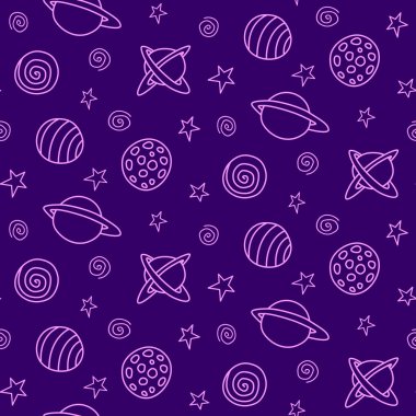 Bebek alanı kusursuz desen. Çizgi film pembe ana hatlı gezegenler ve yıldızlar. Vektör kozmik arkaplan ve doku. Çocuk tasarımı, kumaş, ambalaj kağıdı, duvar kağıdı, tekstil, giysi.