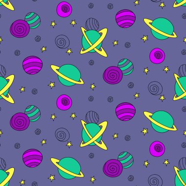 Bebek kusursuz desen. Farklı renkte çizgi film gezegenleri ve uzaydaki yıldızlar. Vektör Kozmik arkaplan ve doku. Çocuk tasarımı, kumaş, ambalaj kağıdı, duvar kağıdı, tekstil, giysi.