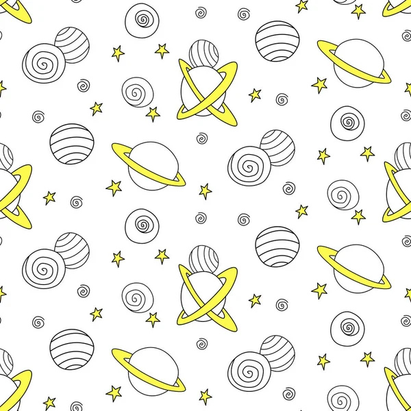 Baby seamless pattern. Cartoon planets and stars in space. Vector Cosmic background and texture. For kids design, fabric, wrapping paper, wallpaper, textile, apparel.