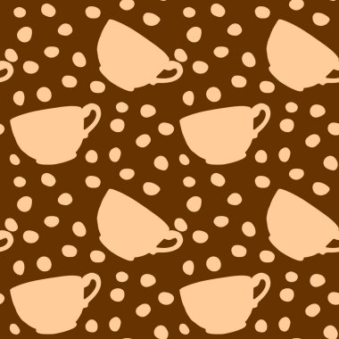 Fincanlar ve kahve taneleriyle kusursuz desen. El yapımı basit mutfak malzemeleri. Beyaz arkaplanda vektör çizimleri. Paketleme, ev dekorasyonu, mutfak tekstili, menü, kafe için mükemmel..