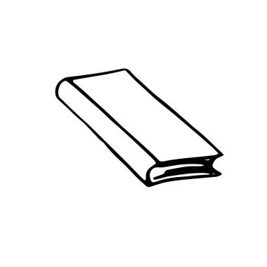 Kitap ikonu. Kapalı kitabın basit bir taslağı, karalama. Vektör el resmi siyah beyaz çizilmiş. Beyaz arkaplanda izole.