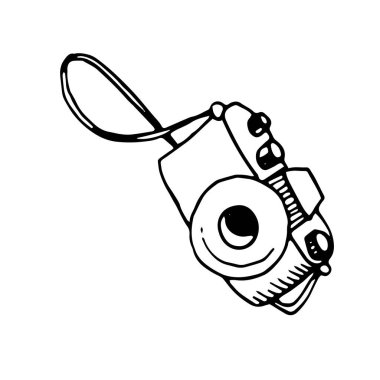 Fotoğraf makinesinin ilkel karalama şeklindeki vektör çizgisi çizimi. Siyah beyaz çizilmiş basit bir çizim. Beyaz arkaplanda izole.