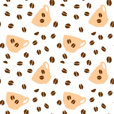 Fincanlar ve kahve taneleriyle kusursuz desen. El yapımı basit mutfak malzemeleri. Beyaz arkaplanda vektör çizimleri. Paketleme, ev dekorasyonu, mutfak tekstili, menü, kafe için mükemmel..