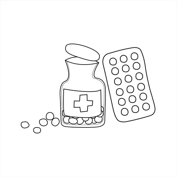 Простые Таблетки Doodle Лекарства Таблетки Капсулы Бутылке Пузырь Пакет Изолированы — стоковый вектор