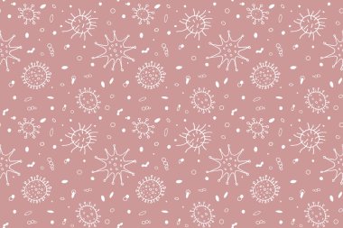 Kusursuz desenli bakteri taşıyıcı illüstrasyonu. COVID-19 'u durdurun. Çizgi karalama renk arkaplanı, doku, duvar kağıdı