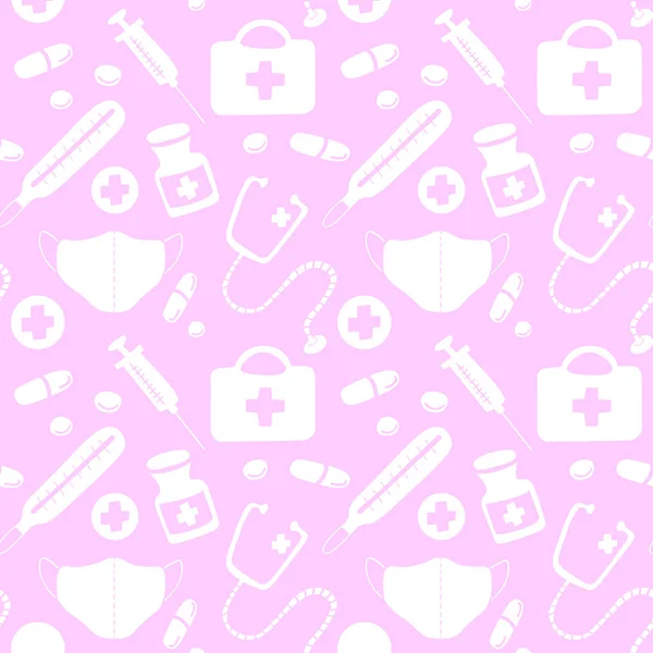 Nahtloses Muster Mit Symbolen Medizinischer Werkzeuge Und Medikamente Verbandskasten Spritze — Stockvektor