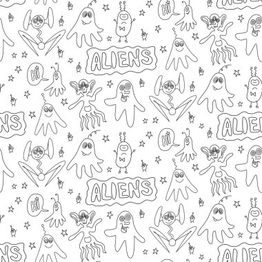 Vektör rengi kusursuz çocuksu desenler, sevimli ana hatlı canavarlar uzaylılar, uzay karalamaları, harfler. Bebek arka planı kumaş, ambalaj, duvar kağıdı, tekstil, giysi, kapak, boyama kitabı için mükemmel..