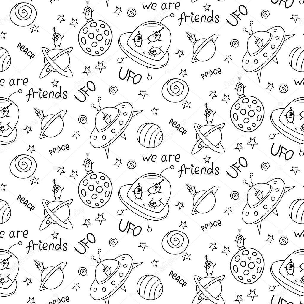 Vector color seamless childish pattern with cute outline monsters aliens, space doodles, lettering, Flying Saucers, UFO. For fabric, wrapping, wallpaper, textile, apparel, cover, coloring book.