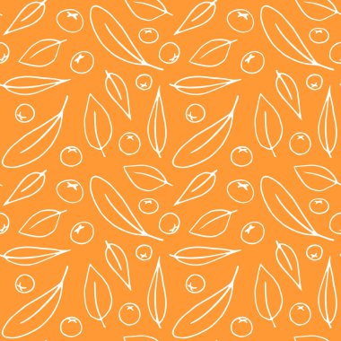 Kusursuz desenli yapraklar ve dağ külünün küçük böğürtlenleri, karalama çizimi tarzında beyaz çizgiler. Kumaş, davetiyeler ve ev dokuları için basit vektör sonbahar dokusu.