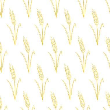 Buğday dikenleri, vektör dikişsiz desen. Çizim tarzında ana hatlar çizilmiş. Sonbahar arkaplanı ve dokusu. Kumaş tasarımı, ambalaj kağıdı, fırın ürünleri, un, hasat teması üzerine ambalaj.