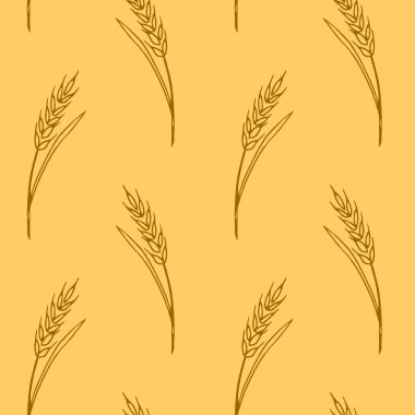 Buğday dikenleri, vektör dikişsiz desen. Çizim tarzında ana hatlar çizilmiş. Sonbahar arkaplanı ve dokusu. Kumaş tasarımı, ambalaj kağıdı, fırın ürünleri, un, hasat teması üzerine ambalaj.