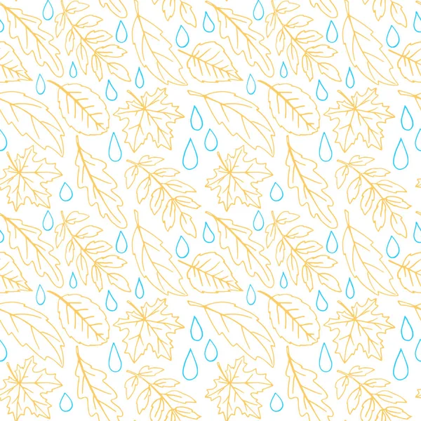雨滴で落ち葉のシームレスなパターン 森の中の葉の秋と雨 白地に隔離されたベクトル秋の質感 スケッチスタイルで描かれた手 カラーアウトライン — ストックベクタ