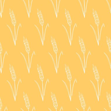 Buğday dikenleri, vektör dikişsiz desen. Çizim tarzında ana hatlar çizilmiş. Sonbahar arkaplanı ve dokusu. Kumaş tasarımı, ambalaj kağıdı, fırın ürünleri, un, hasat teması üzerine ambalaj.