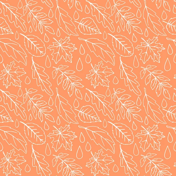 雨滴で落ち葉のシームレスなパターン 森の中の葉の秋と雨 オレンジ色の背景に孤立したベクトル秋のテクスチャ スケッチスタイルで描かれた手 白アウトライン — ストックベクタ