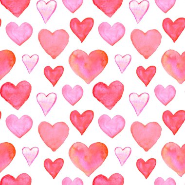 Suluboya kalpli kusursuz bir desen. Romantik aşk elinin arka plan dokusu. Kutlama kartları, ambalaj kağıtları, düğün, doğum günü, kumaş, tekstil, sevgililer günü, anneler günü, paskalya.