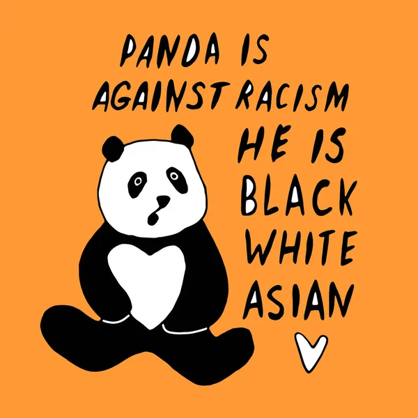 Panda Tegen Racisme Hij Zwart Blank Aziatisch Vector Belettering Doodle — Stockvector