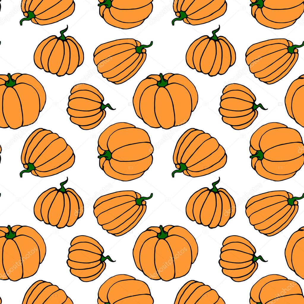 Seamless pattern of orange pumpkins. Background and texture. Symbol autumn, crop, fruitful year, thanksgiving day. Hand drawn vector EPS10 outline illustration, isolated.