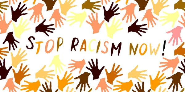 Stop Racisme Vector Inscriptie Geschreven Handschrift Frame Van Palmafdrukken Landen — Stockvector