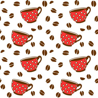 Kırmızı puantiyeli bardaklar ve kahve taneleriyle kusursuz desen. El yapımı mutfak malzemeleri izole edilmiş. Vektör arkaplan ve doku. Paketleme, ev dekorasyonu, tekstil, menü, kafe için mükemmel.